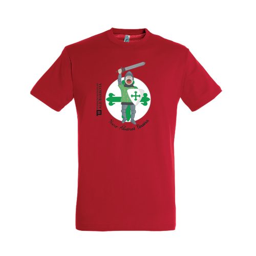 T-shirt de cor vermelha com ilustração de Nuno Álvares Pereira com espada e escudo